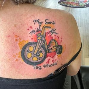Lettering + Watercolor tricycle tattoo on Shoulder Blade by Inkflowjo on TattMe