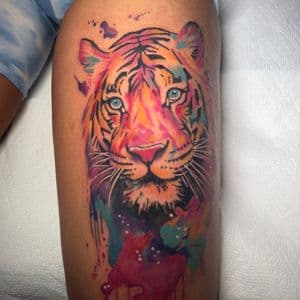 Watercolor + Color tiger tattoo on Thigh by Inkflowjo on TattMe