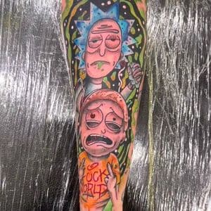 Color + Cartoon rick and morty tattoo on Forearm by Inkflowjo on TattMe