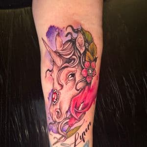 Color + Illustrative unicorn tattoo on Forearm by Inkflowjo on TattMe