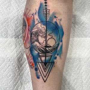Watercolor + Geometric waves tattoo on Calf by Inkflowjo on TattMe