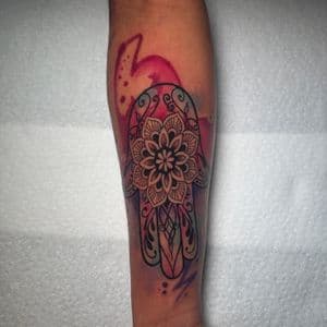 Watercolor + Mandala hamsa tattoo on Forearm by Inkflowjo on TattMe