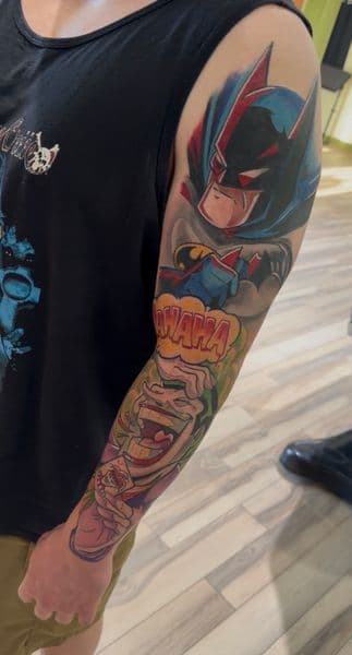 New School + Pop Culture batman tattoo on Full Sleeve by Inkflowjo on TattMe