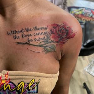 Floral + Watercolor rose tattoo on Shoulder by Inkflowjo on TattMe