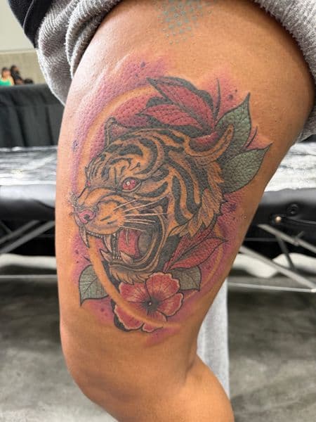 Neo-Traditional + Color tiger tattoo on Thigh by Inkflowjo on TattMe