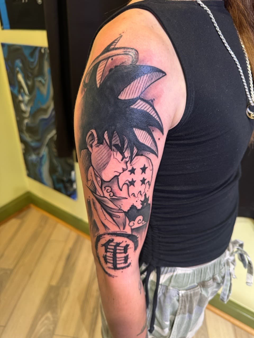Anime + Black & Grey goku tattoo on Half Sleeve by Inkflowjo on TattMe