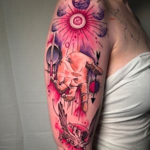 Watercolor + Illustrative hand tattoo on Upper Arm by Inkflowjo on TattMe