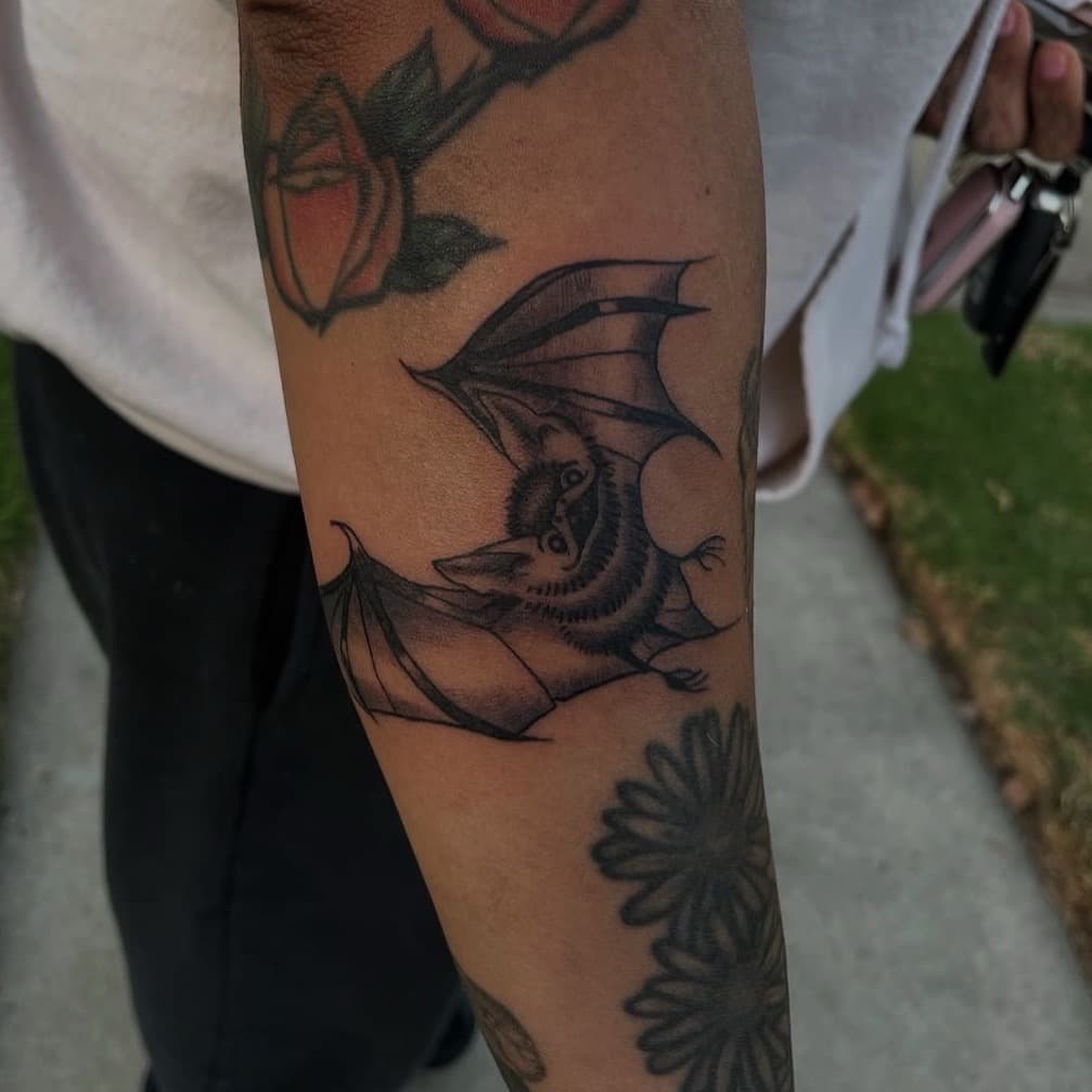 Black & Grey + Illustrative bat tattoo on Forearm by inktherapy_1 on TattMe