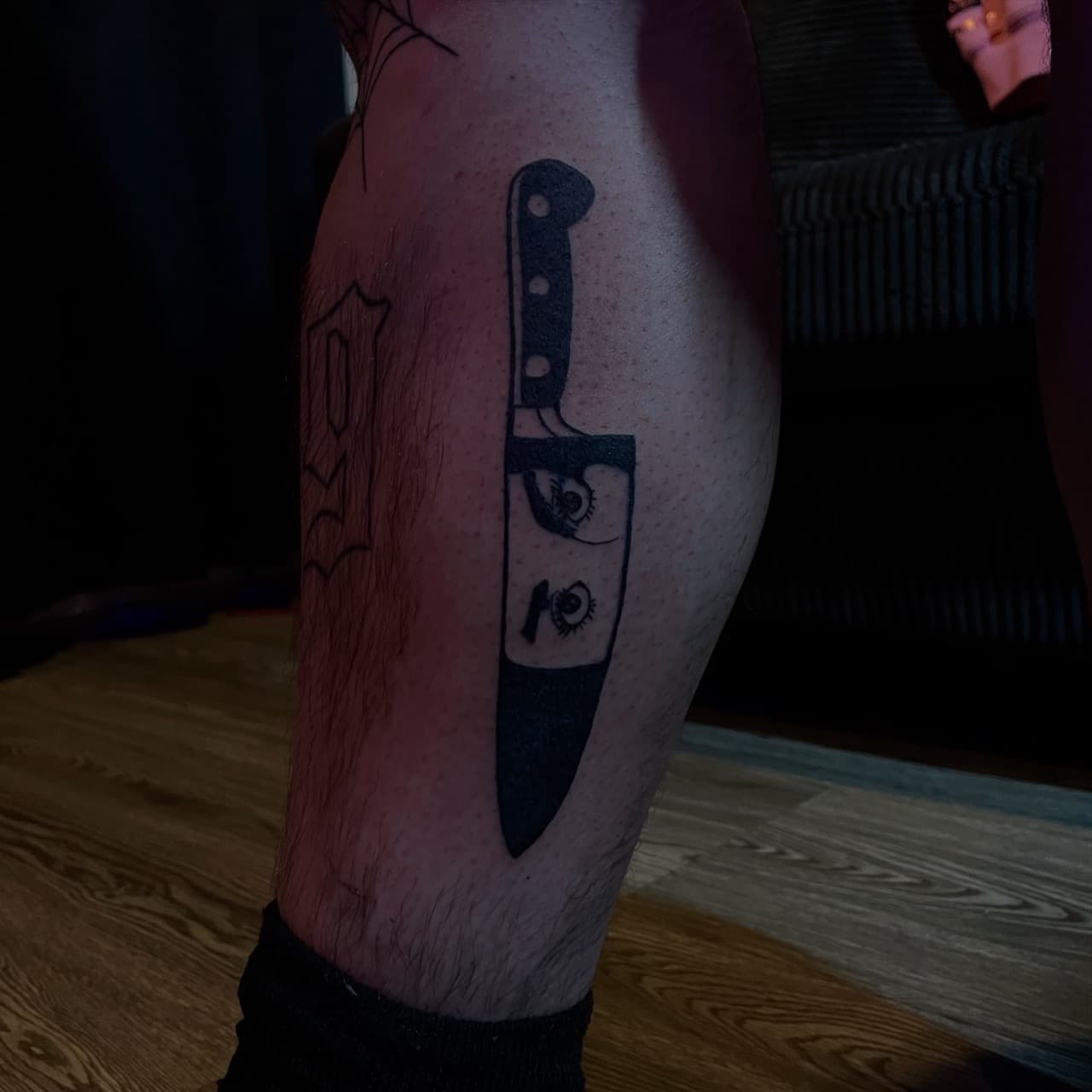Black-work + Illustrative knife tattoo on Calf by inktherapy_1 on TattMe