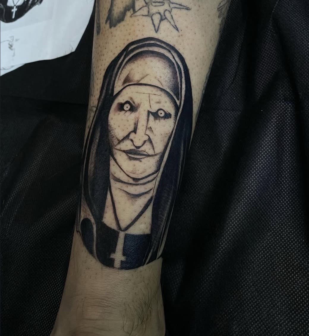 Black & Grey + Illustrative nun tattoo on Shin by inktherapy_1 on TattMe