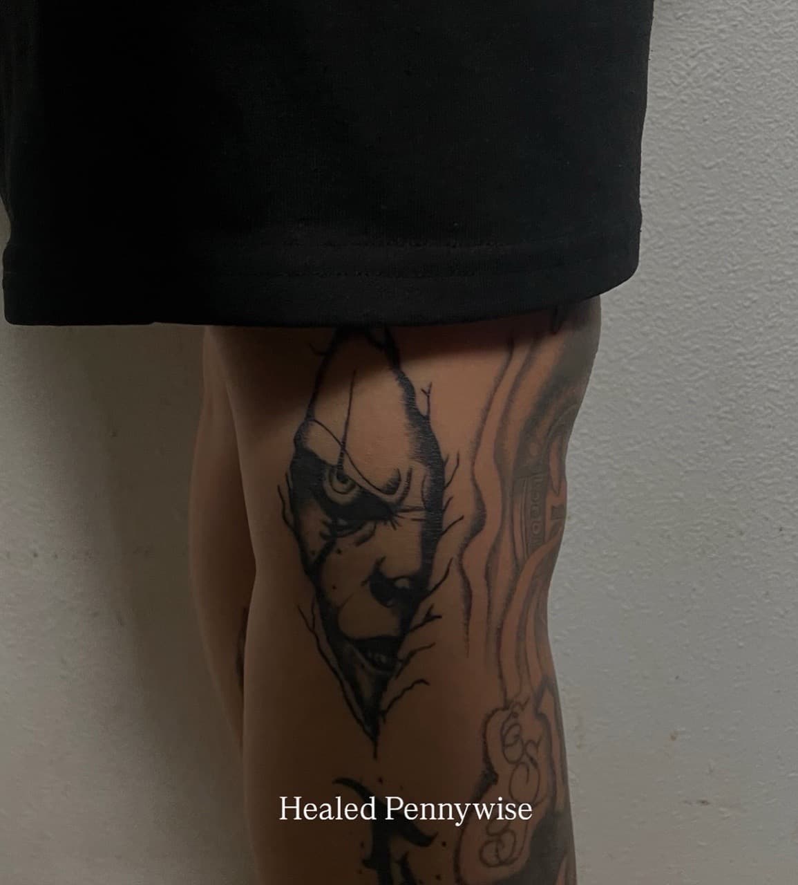 Black & Grey + Illustrative pennywise tattoo on Thigh by inktherapy_1 on TattMe