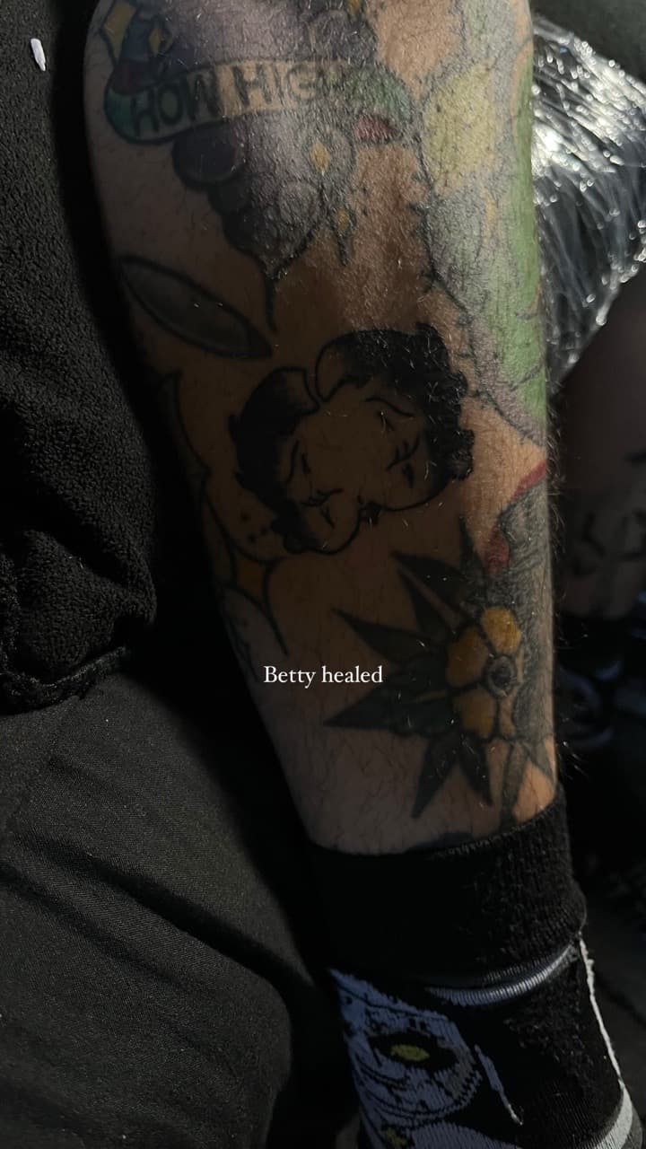 Traditional + American Traditional woman tattoo on Calf by inktherapy_1 on TattMe