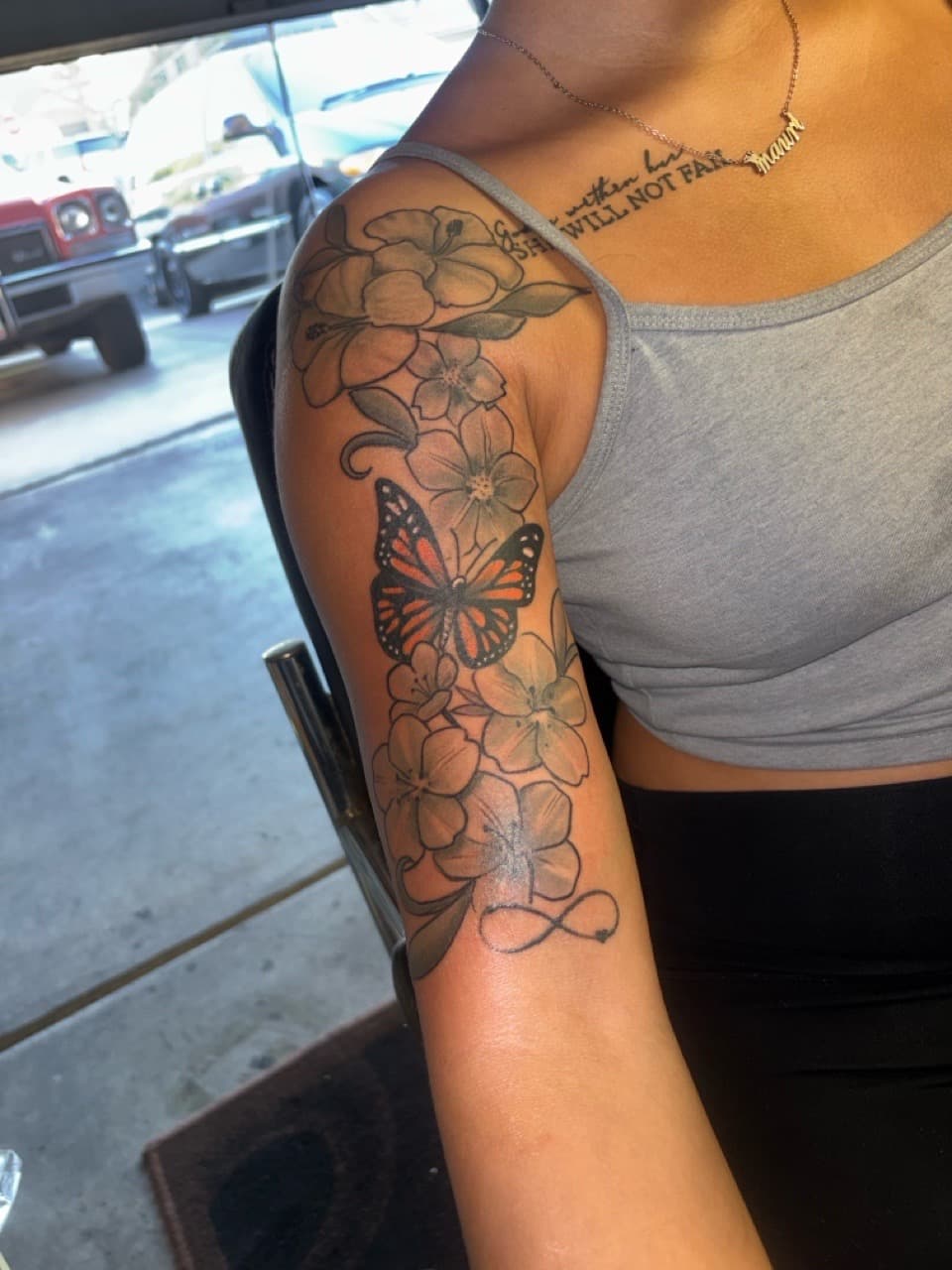 Floral + Illustrative butterfly tattoo on Half Sleeve by tattoo_panda on TattMe