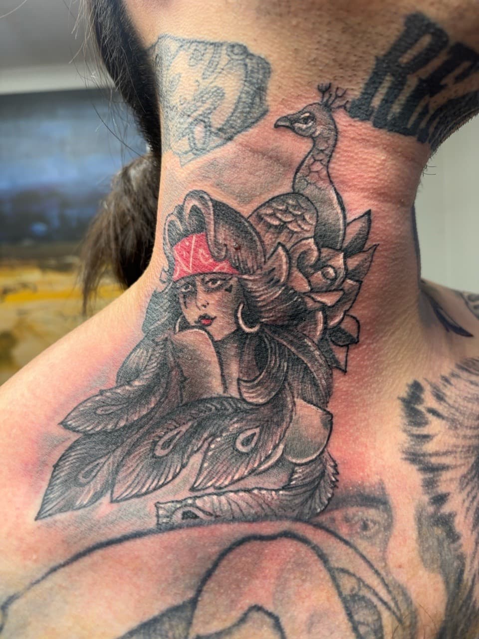 Black & Grey + Illustrative woman tattoo on Neck (Side) by tattoo_panda on TattMe