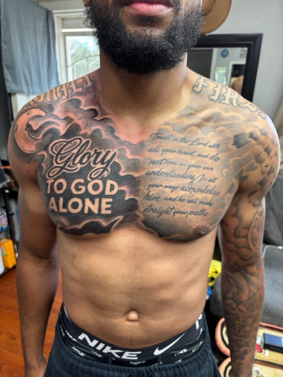 Black & Grey + Lettering scripture tattoo on Chest by tattoo_panda on TattMe