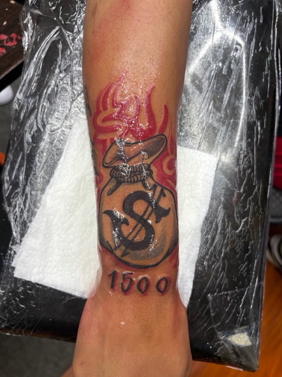 New School + Color money bag tattoo on Forearm by tattoo_panda on TattMe