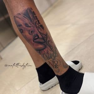 Black & Grey + Realism woman tattoo on Calf by TheINQCollective on TattMe