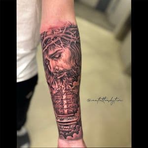Black & Grey + Realism jesus tattoo on Forearm by TheINQCollective on TattMe