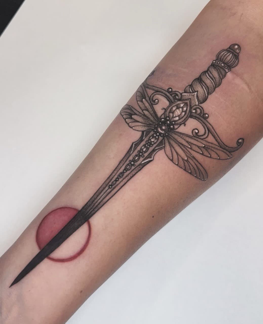 Fine Line + Black & Grey dagger tattoo on Forearm by Ashley_Jolly_Tattoo on TattMe