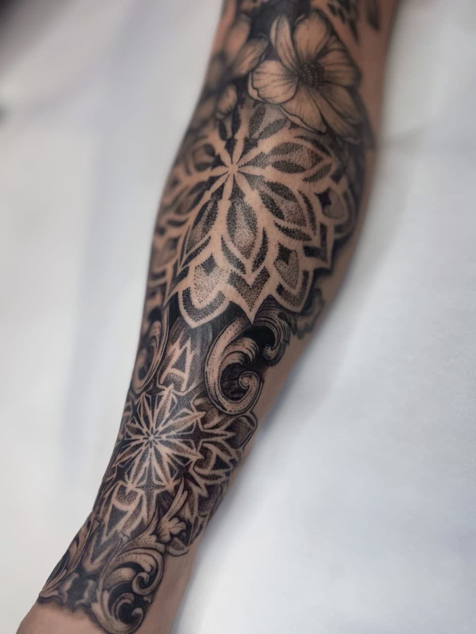 Black & Grey + Dot-work flower tattoo on Forearm by Ashley_Jolly_Tattoo on TattMe