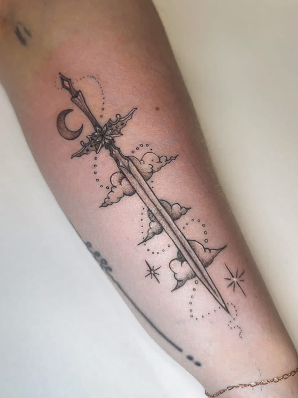 Fine Line + Black-work sword tattoo on Forearm by Ashley_Jolly_Tattoo on TattMe