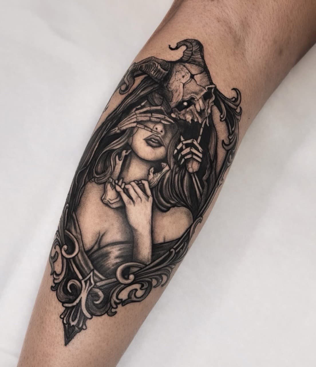 Black & Grey + Illustrative woman tattoo on Calf by Ashley_Jolly_Tattoo on TattMe