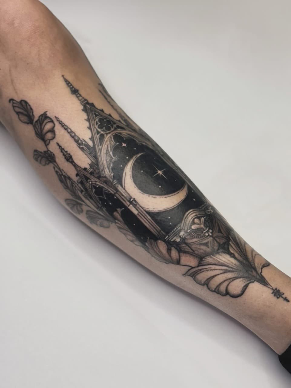 Black & Grey + Illustrative gothic architecture tattoo on Forearm by Ashley_Jolly_Tattoo on TattMe