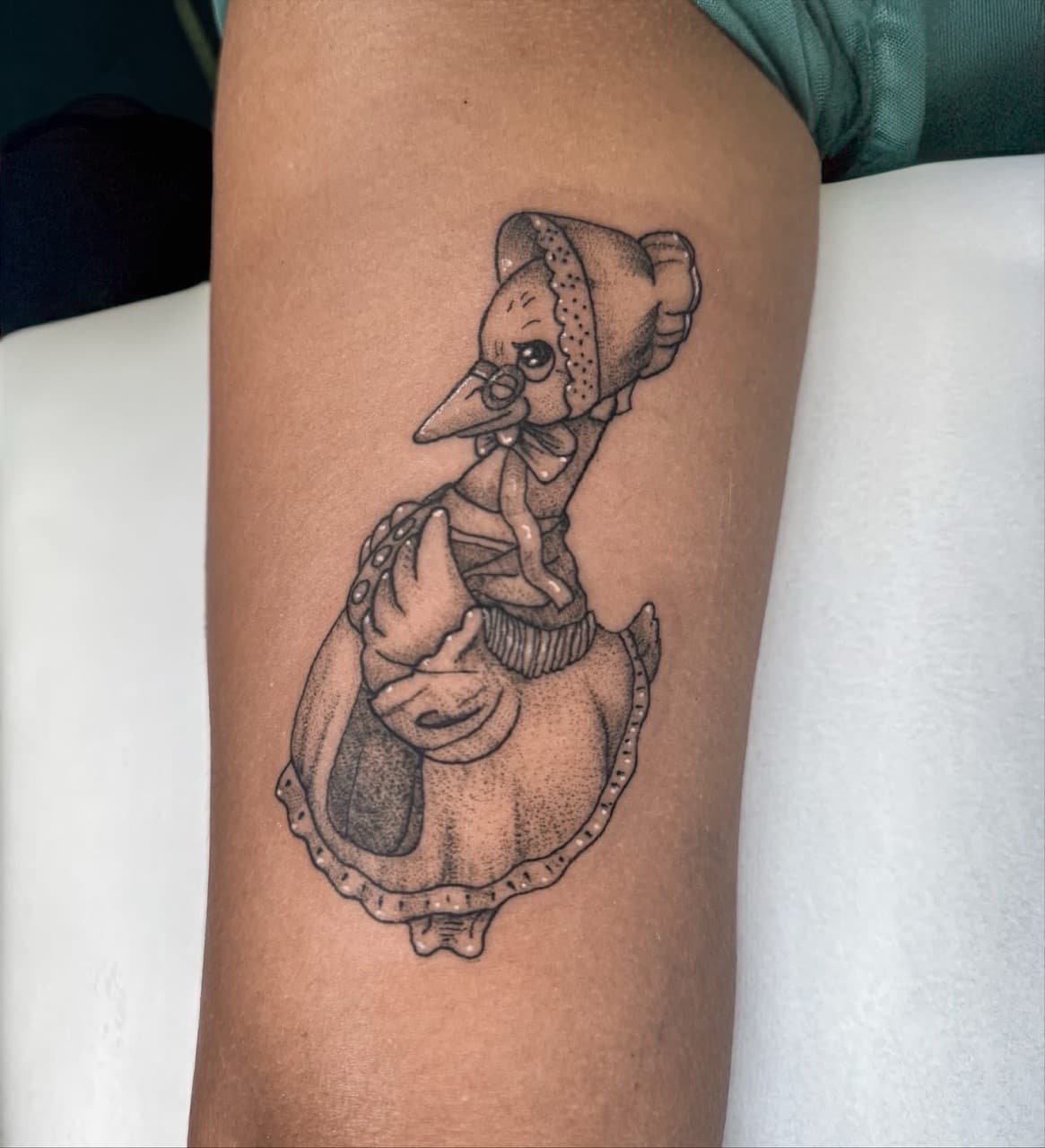 Black & Grey + Dot-work plague doctor tattoo on Thigh by Ashley_Jolly_Tattoo on TattMe
