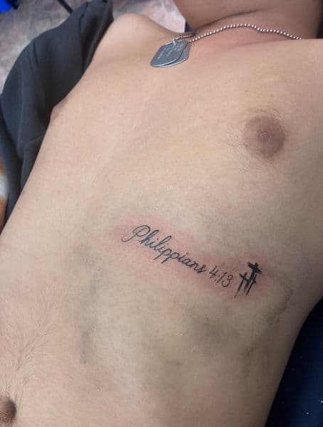 Lettering + Script bible verse tattoo on Ribs by The_Key_Inks on TattMe