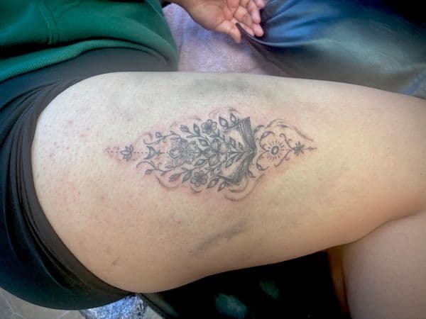 Black & Grey + Fine Line floral tattoo on Thigh by The_Key_Inks on TattMe