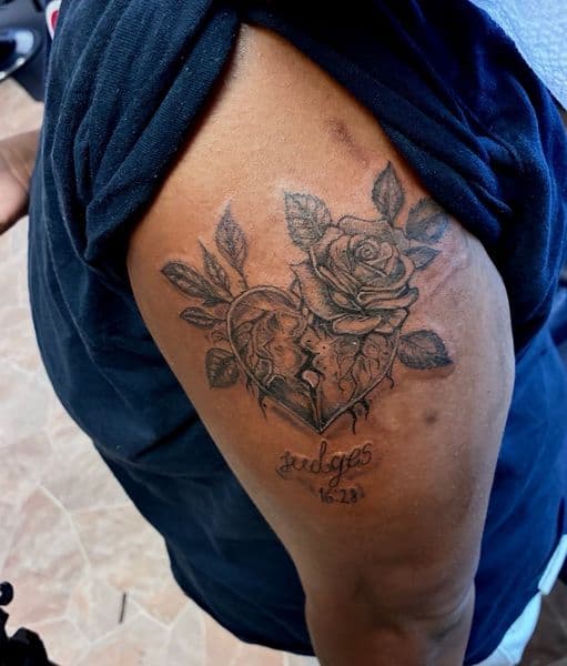 Black & Grey + Illustrative broken heart tattoo on Upper Arm by The_Key_Inks on TattMe