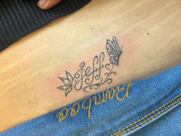 Lettering + Script name tattoo on Thigh by The_Key_Inks on TattMe