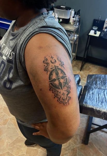 Black & Grey + Illustrative compass tattoo on Upper Arm by The_Key_Inks on TattMe