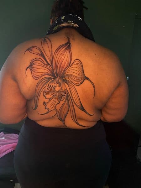 Fine Line + Floral orchid tattoo on Upper Back by KC on TattMe