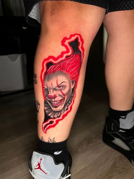 Realism + Color clown tattoo on Calf by KC on TattMe