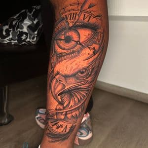 Black & Grey + Illustrative owl tattoo on Calf by KC on TattMe