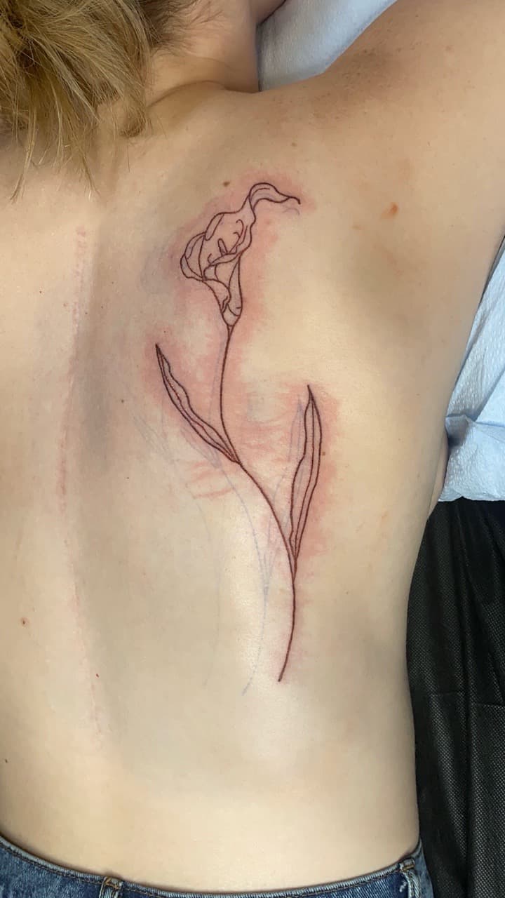 Fine Line + Floral flower tattoo on Upper Back by KC on TattMe