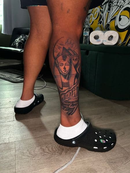 Black & Grey + Illustrative pharaoh tattoo on Calf by KC on TattMe