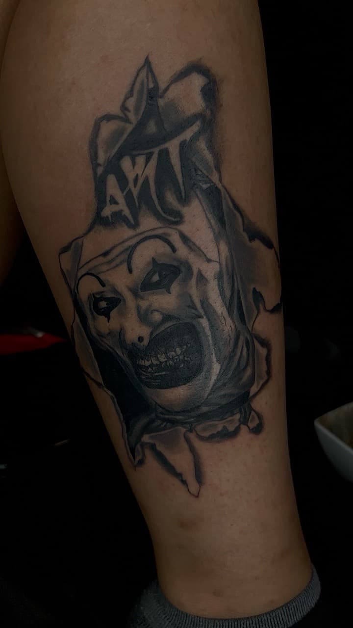 Black & Grey + Realism clown tattoo on Calf by KC on TattMe