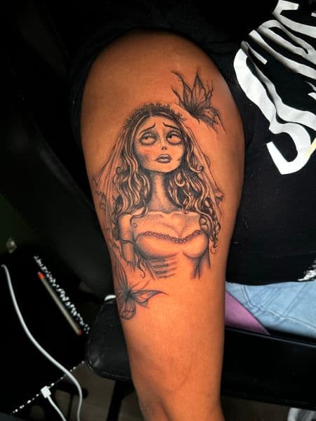 Black & Grey + Illustrative corpse bride tattoo on Upper Arm by KC on TattMe