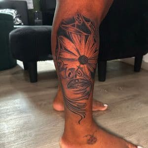 Black & Grey + Floral flower tattoo on Calf by KC on TattMe