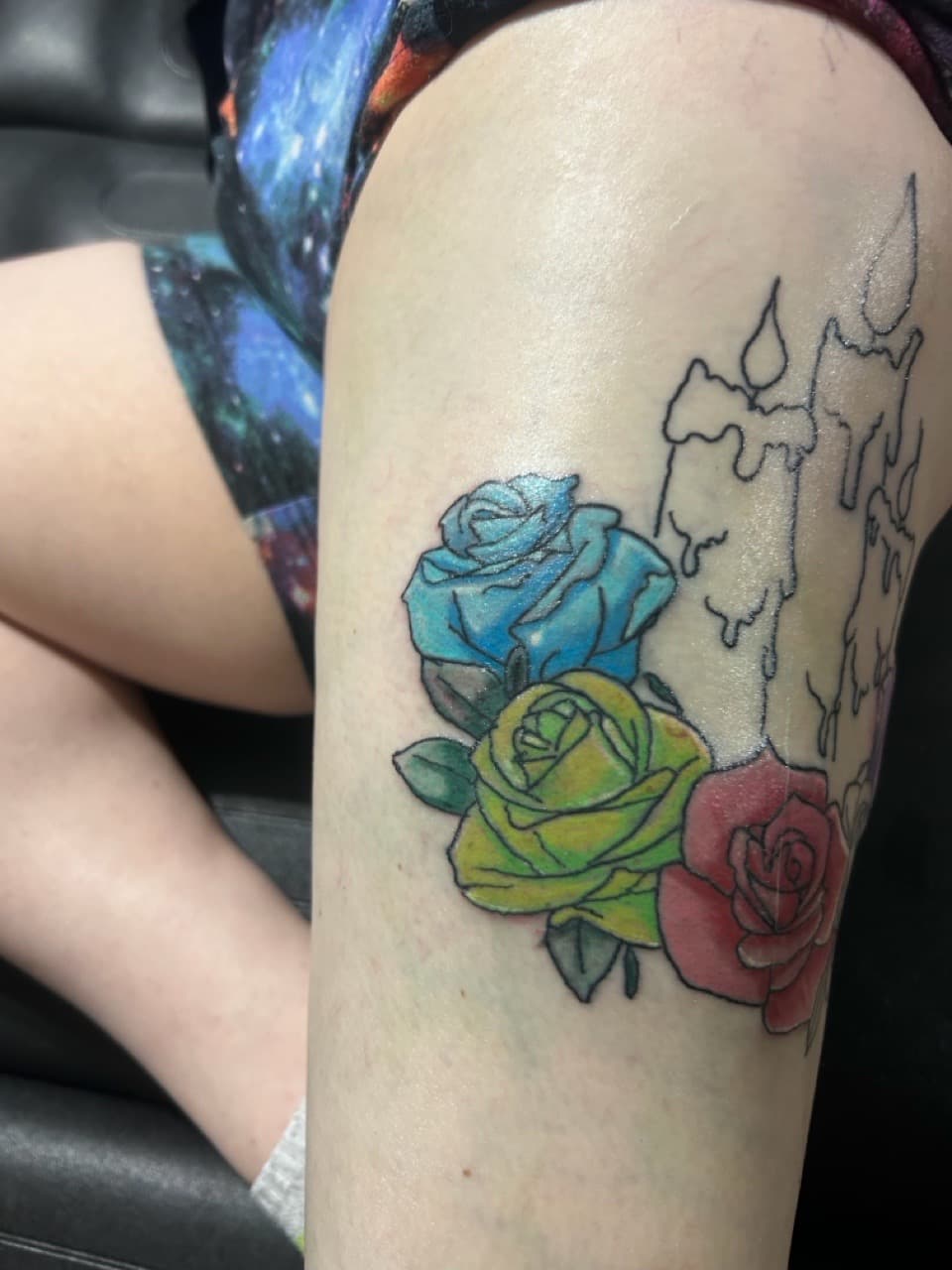 Color + Illustrative roses tattoo on Thigh by Apex_Effort_Studio on TattMe