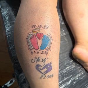 Color + Illustrative baby feet tattoo on Calf by Apex_Effort_Studio on TattMe