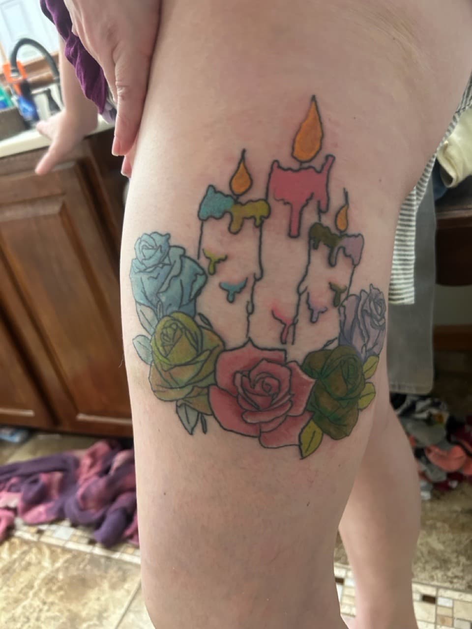 Color + Illustrative candles tattoo on Thigh by Apex_Effort_Studio on TattMe