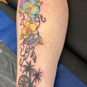 Color + Black & Grey flowers tattoo on Calf by Apex_Effort_Studio on TattMe