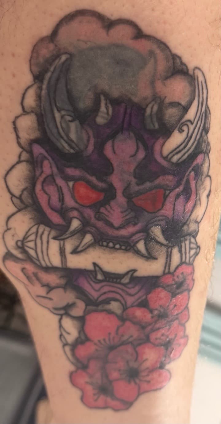 Japanese + Neo-Japanese hannya mask tattoo on Calf by Apex_Effort_Studio on TattMe
