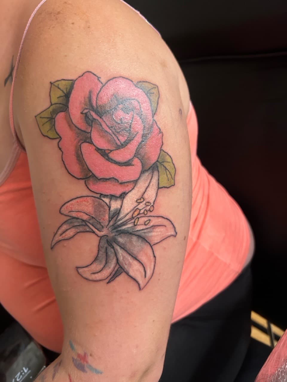 Floral + Color rose tattoo on Upper Arm by Apex_Effort_Studio on TattMe