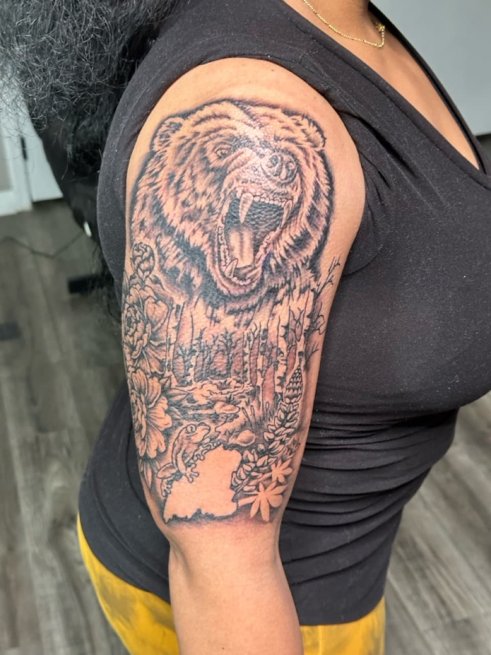 Black & Grey + Illustrative bear tattoo on Upper Arm by Tattoos_By_Dolph on TattMe