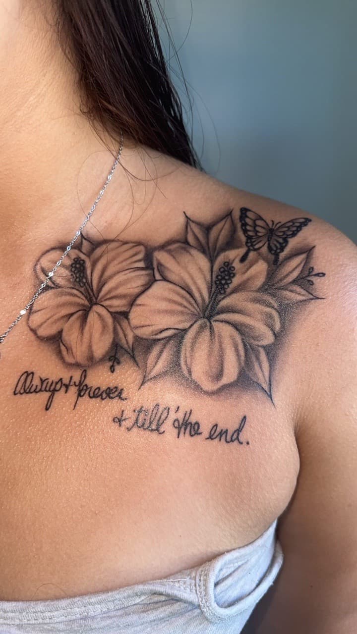 Floral + Black & Grey hibiscus tattoo on Shoulder by Tattoos_By_Dolph on TattMe