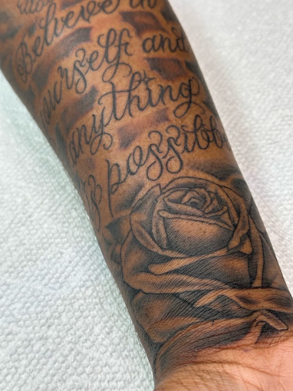 Black & Grey + Lettering roses tattoo on Forearm by Tattoos_By_Dolph on TattMe